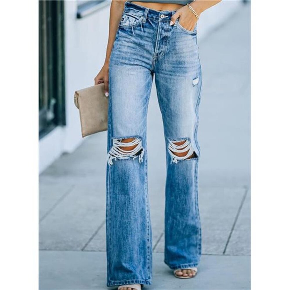 Blue Wash Ripped Distressed High Waist Flare Jeans Wide Leg Straight Denim Jeans